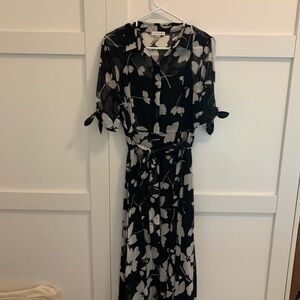 Calvin Klein Black & White Floral Maxi Dress with Tie-Waist